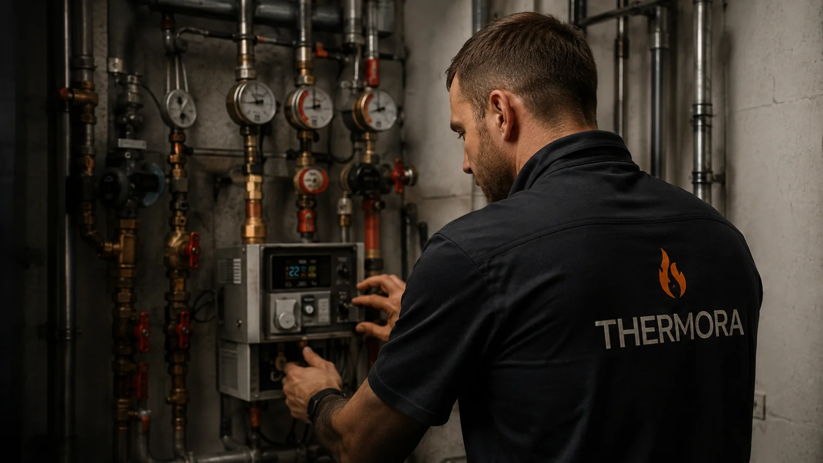 Technik Thermora podczas regulacji instalacji grzewczej